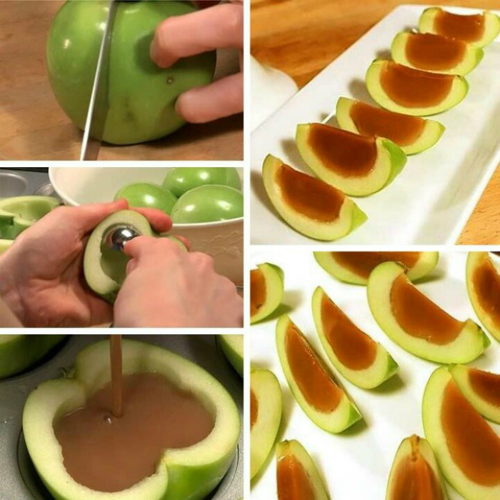 Яблоки, наполненные карамелью. Перед подачей десерт нужно хорошо охладить и нарезать дольками.