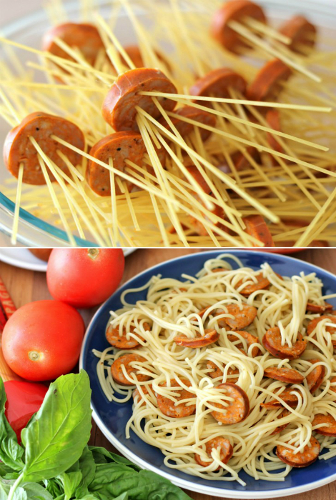 Оригинальный способ приготовления спагетти с сосисками.