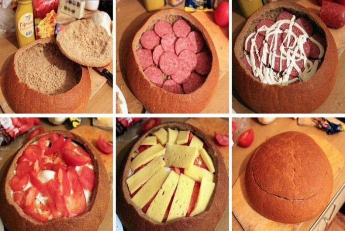 Простой и сытный пирог из колбасы, сыра и помидоров, запеченных в буханке ржаного хлеба.