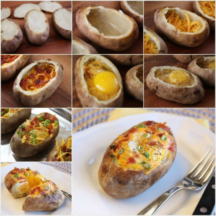 Цельный картофель, запеченный с яйцом, тертым сыром и овощами.